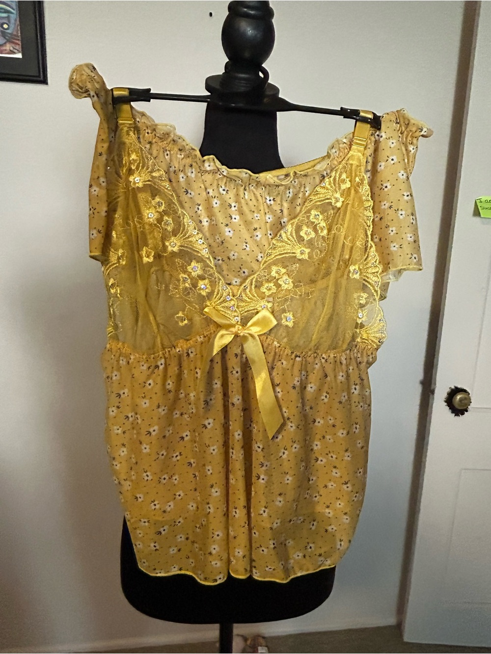 Yellow Floral Lace-Trim Camisole with Satin Bow Detail